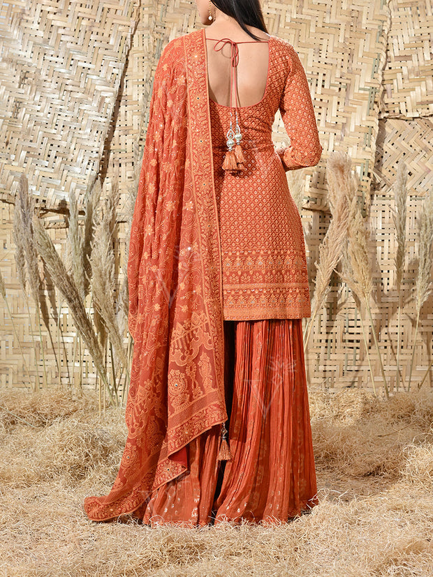 Bronze Embroidered Georgette Kurta and Garara Set