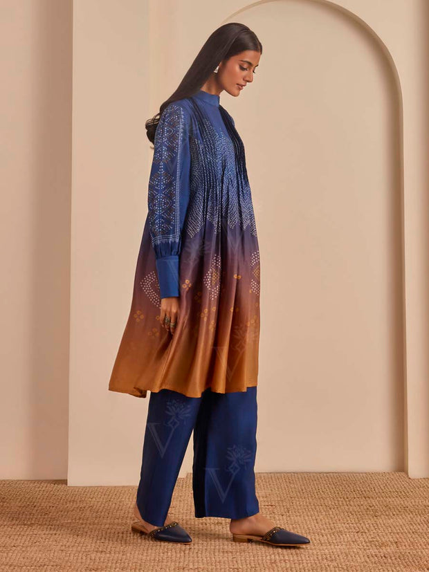 Blue and Ochre Bandhani Printed Kurta and Pant Set