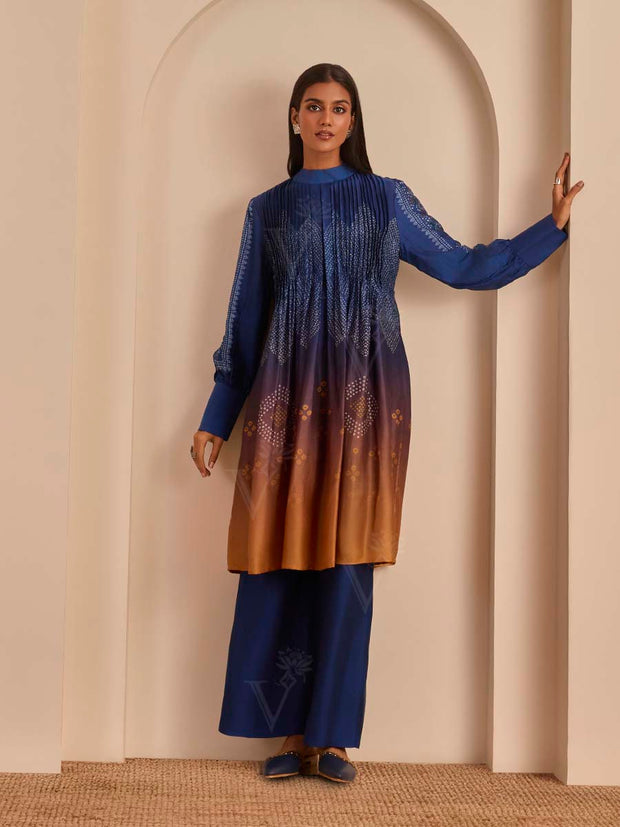 Blue and Ochre Bandhani Printed Kurta and Pant Set