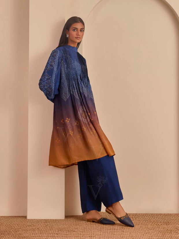 Blue and Ochre Bandhani Printed Kurta and Pant Set