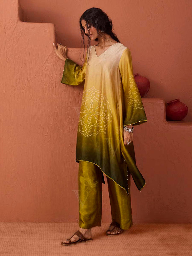 Green and Yellow Bandhani Printed Asymmetric Kurta and Pant Set