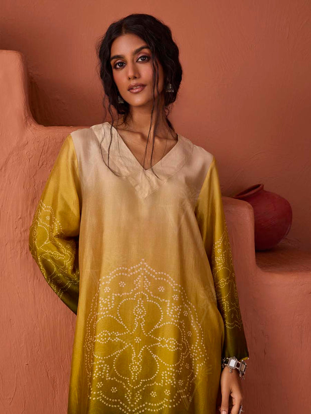 Green and Yellow Bandhani Printed Asymmetric Kurta and Pant Set