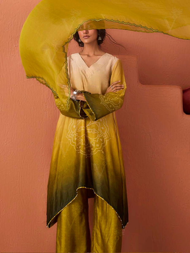 Green and Yellow Bandhani Printed Asymmetric Kurta and Pant Set