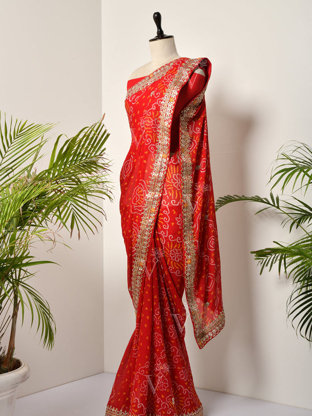 Red Georgette Bandhani Gotta Patti Saree