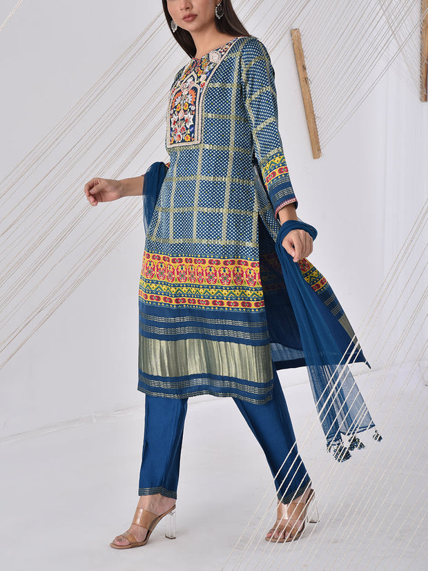 Blue Bhandej Emroidered Suit Set