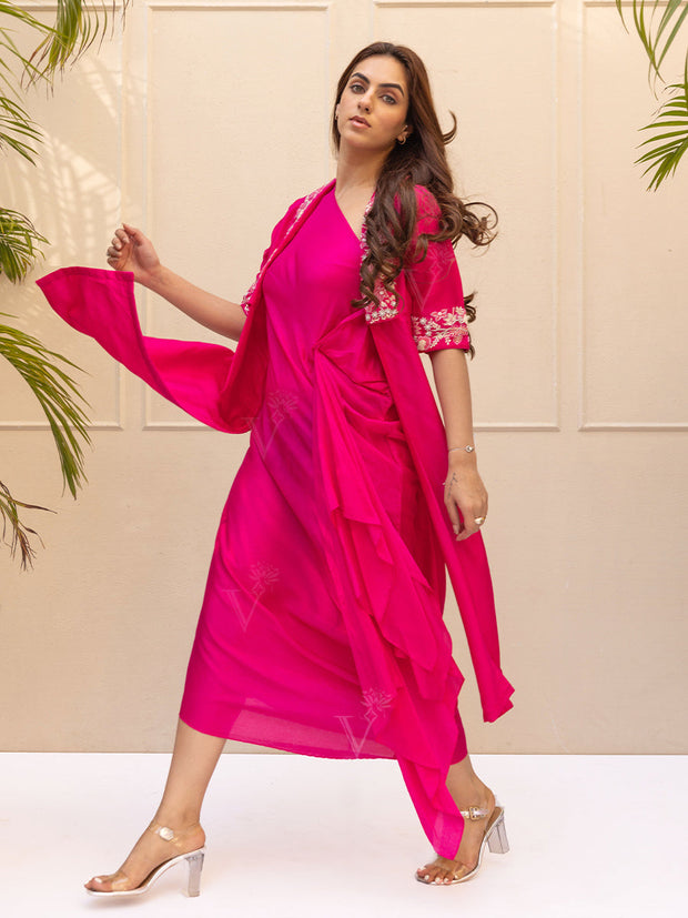 Hot Pink Silk One shoulder Asymmetric Dress