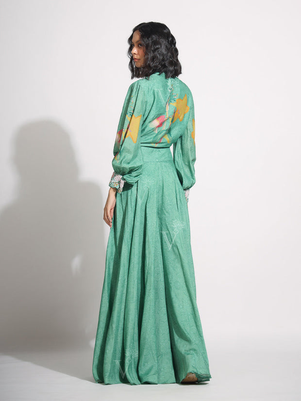 Green Vasansi Silk Jacket with bustier and Palazzo Set