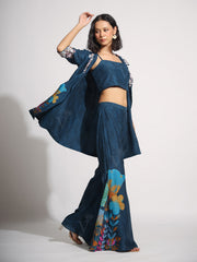 Midnight Blue Vasansi Silk Jacket and Bell Bottom Set