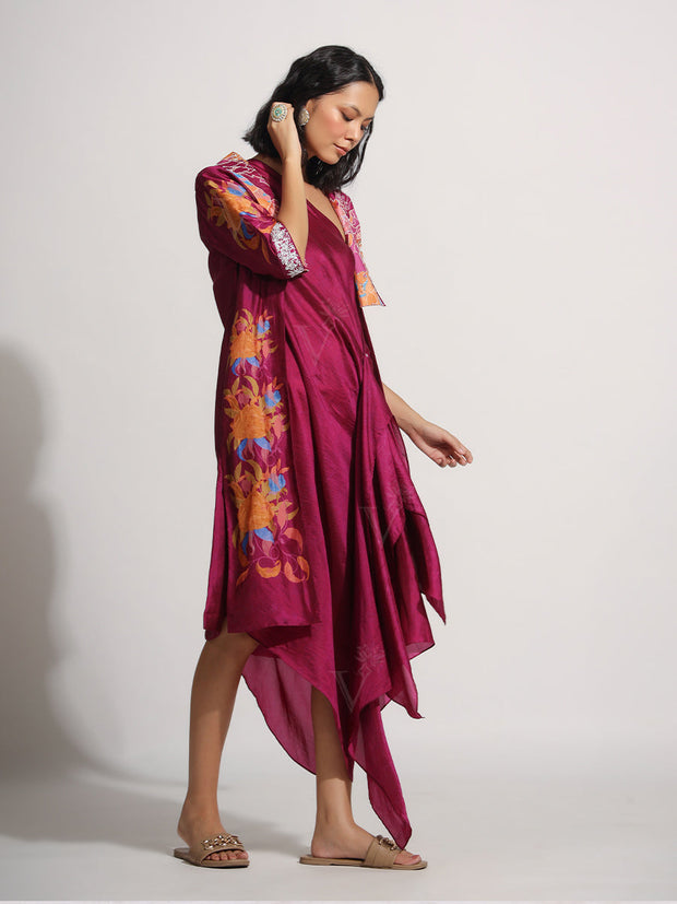 Magenta Silk One shoulder Asymmetric Dress