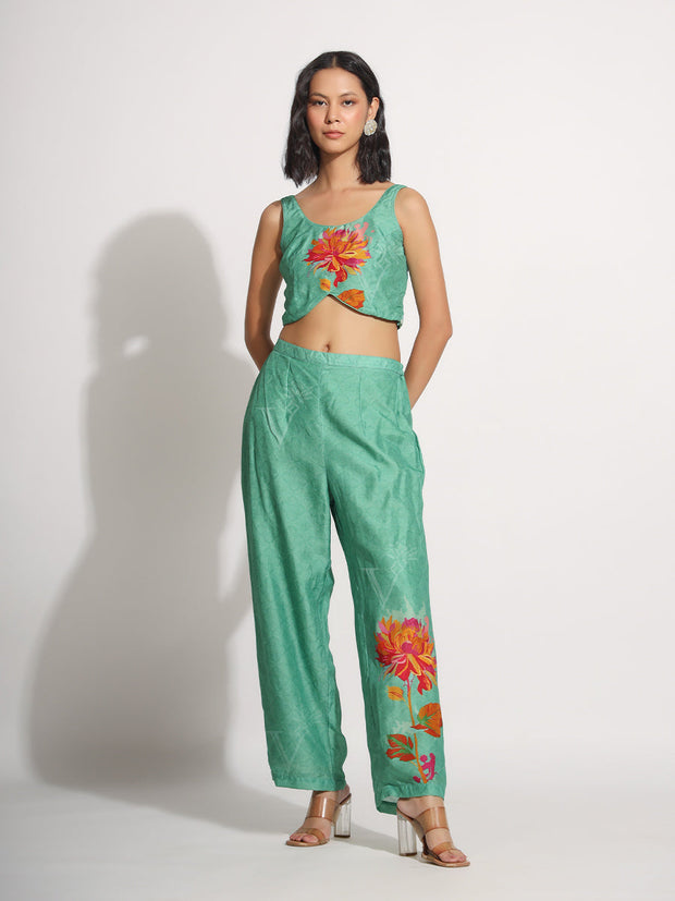 Green Asymmetric Jacket with Bustier and Pant Set