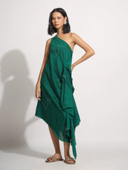 Green Silk One shoulder Asymmetric Dress