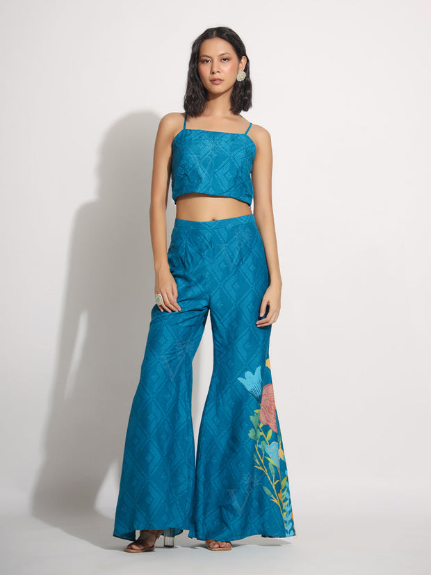 Turquoise Blue Bell Bottom Three Piece Set