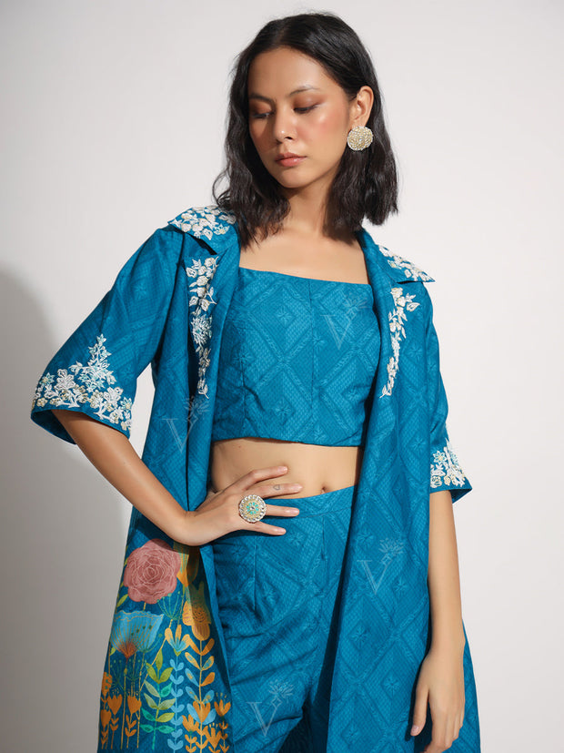 Turquoise Vasansi Silk Jacket and Bell Bottom Set