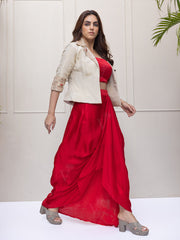 Red Embroidered Jacket And Red Draped Skirt