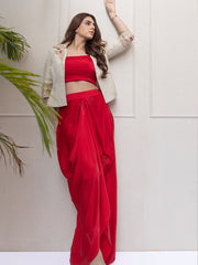 Red Embroidered Jacket And Red Draped Skirt