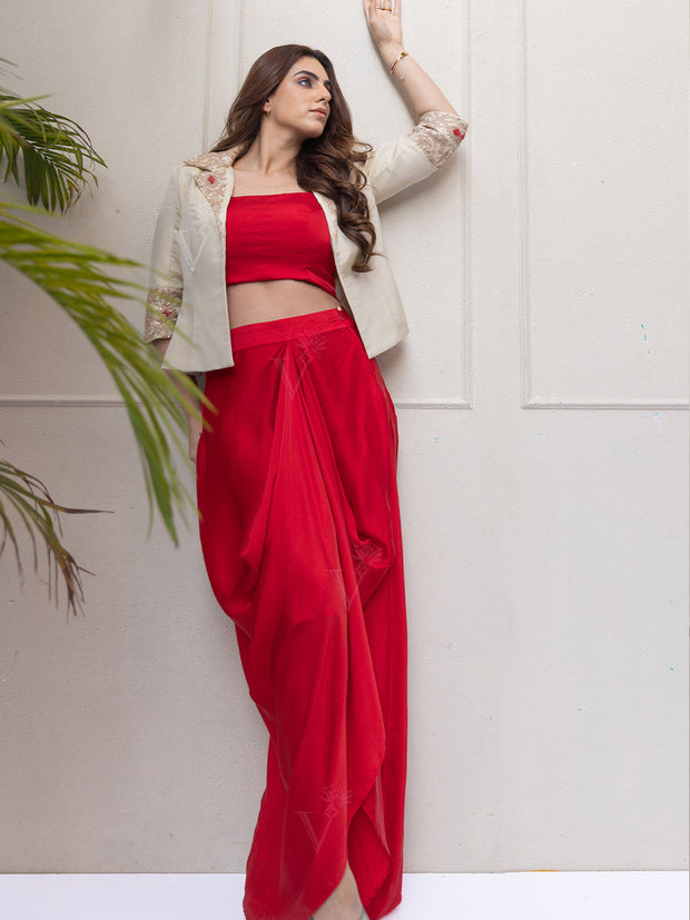 Red Embroidered Jacket And Red Draped Skirt