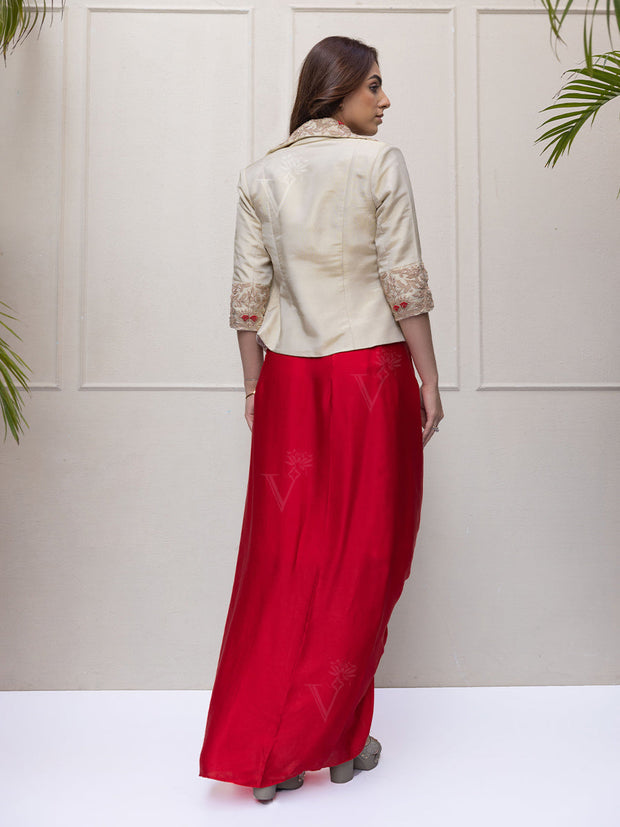 Red Embroidered Jacket And Red Draped Skirt