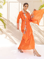 Orange Bemberg Silk Draped Skirt Set