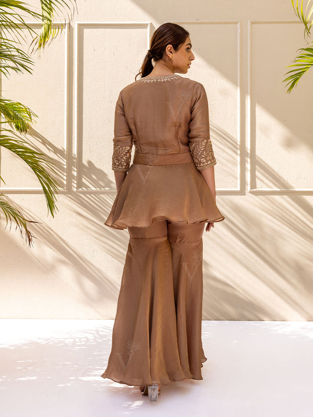 Brown Organza Peplum and Sharara Set