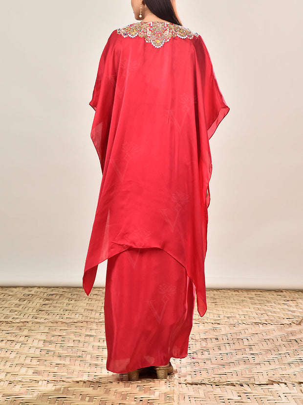 Ruby Pink Crepe Embroidered Cape and Drape Skirt Set