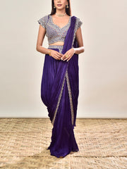 Violet Wrinkle Crepe Embroidered Drape Saree