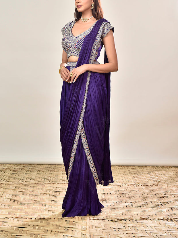 Violet Wrinkle Crepe Embroidered Drape Saree
