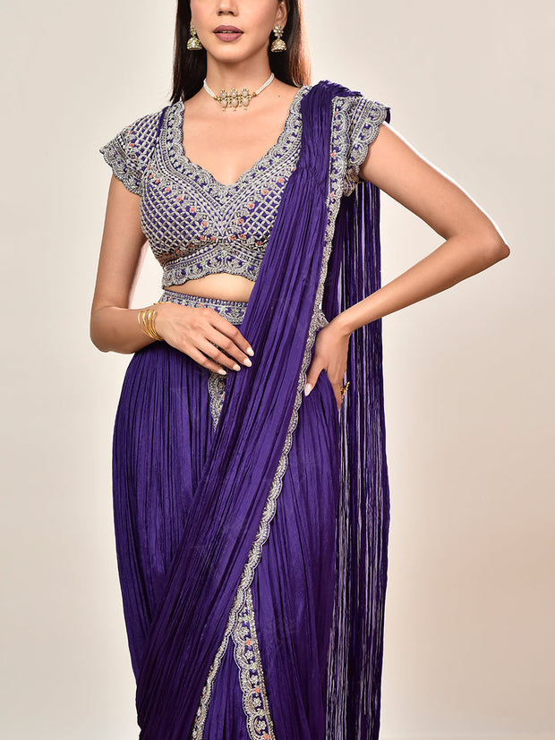 Violet Wrinkle Crepe Embroidered Drape Saree