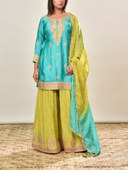 Green and Blue Satin Embroidered Kurta and Garara Set