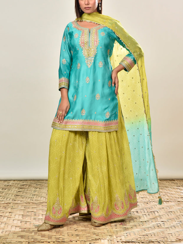 Green and Blue Satin Embroidered Kurta and Garara Set