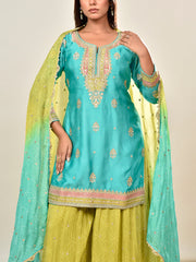 Green and Blue Satin Embroidered Kurta and Garara Set