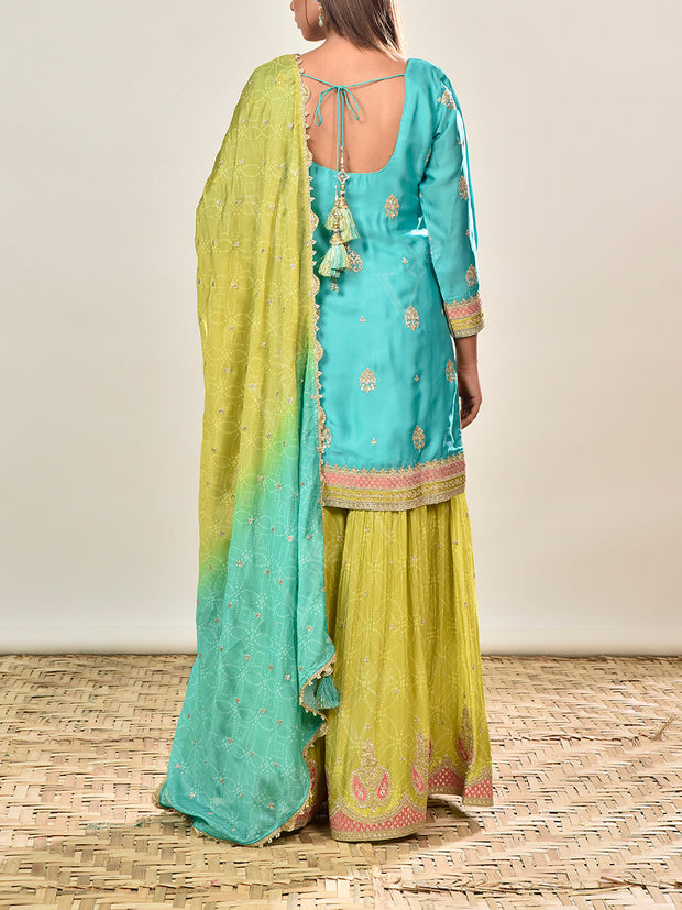 Green and Blue Satin Embroidered Kurta and Garara Set