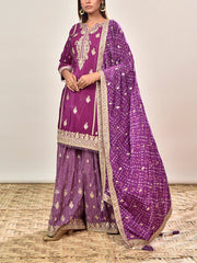 Purple Embroidered Crepe Kurta and Garara Set