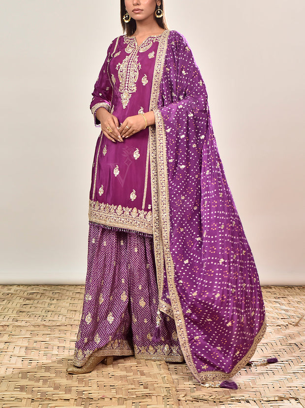 Purple Embroidered Crepe Kurta and Garara Set