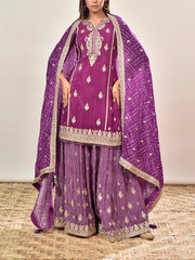 Purple Embroidered Crepe Kurta and Garara Set