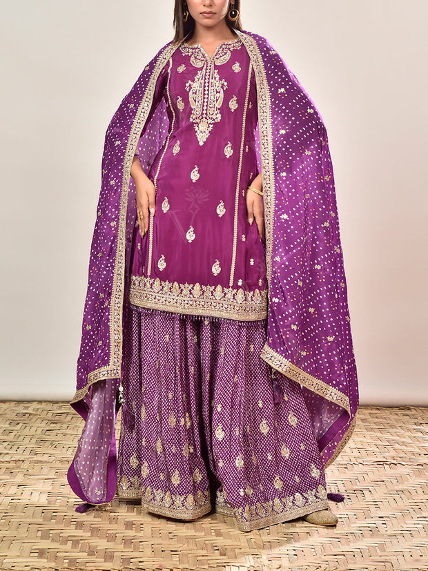 Purple Embroidered Crepe Kurta and Garara Set