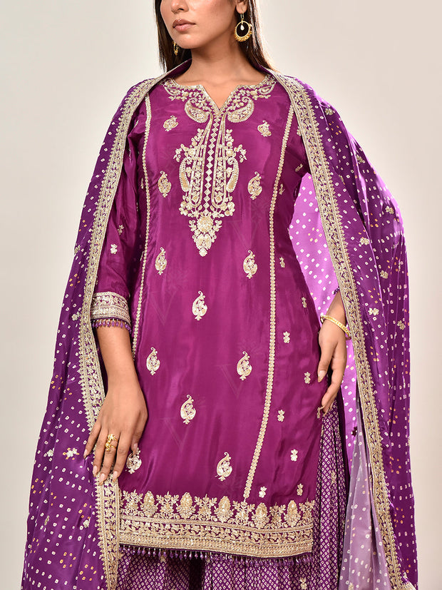 Purple Embroidered Crepe Kurta and Garara Set