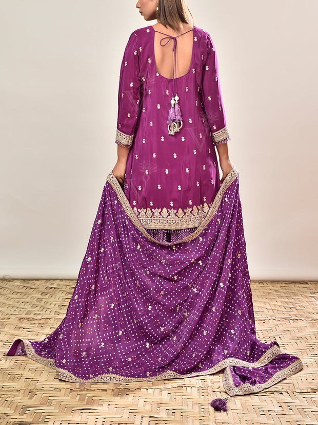 Purple Embroidered Crepe Kurta and Garara Set