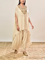 Off-White Crepe Embroidered Cape and Pants Set
