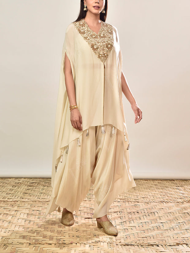 Off-White Crepe Embroidered Cape and Pants Set