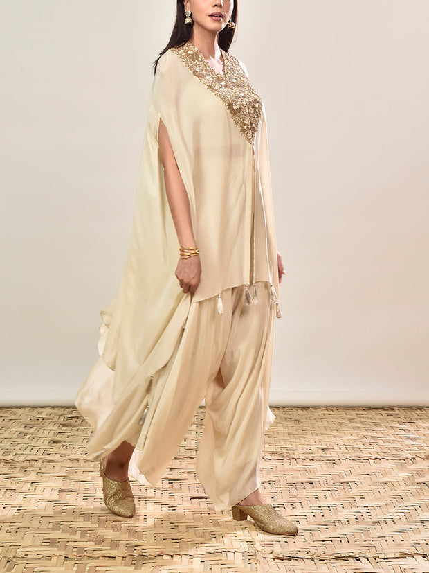 Off-White Crepe Embroidered Cape and Pants Set