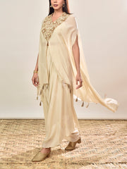Off-White Crepe Embroidered Cape and Pants Set