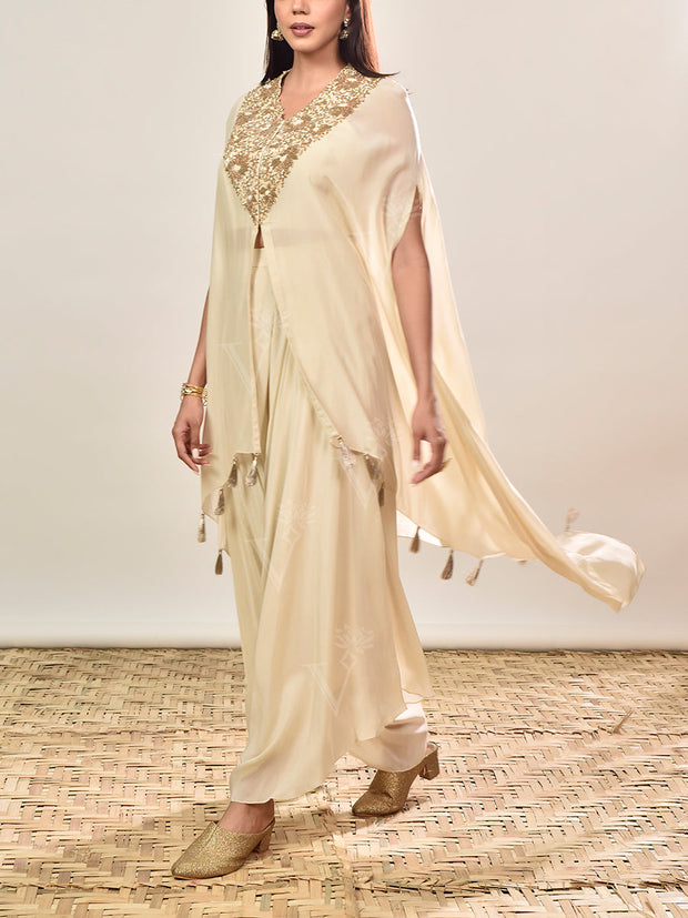 Off-White Crepe Embroidered Cape and Pants Set