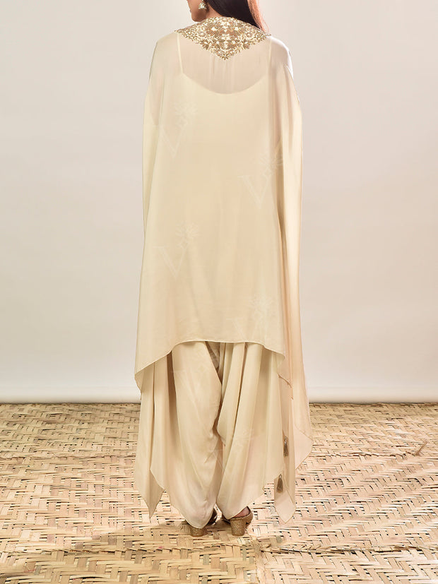 Off-White Crepe Embroidered Cape and Pants Set