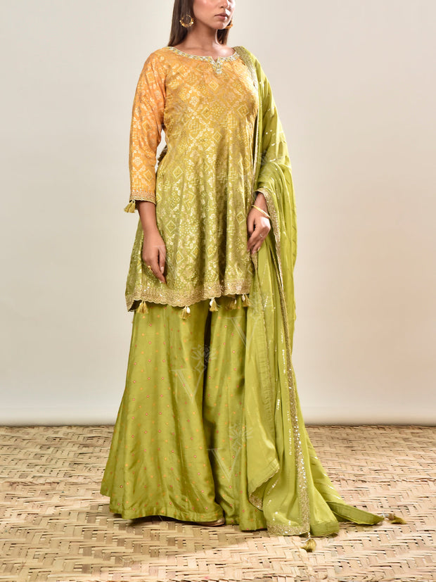 Green and Yellow Banarasi Silk Ombre Embroidered Suit Set
