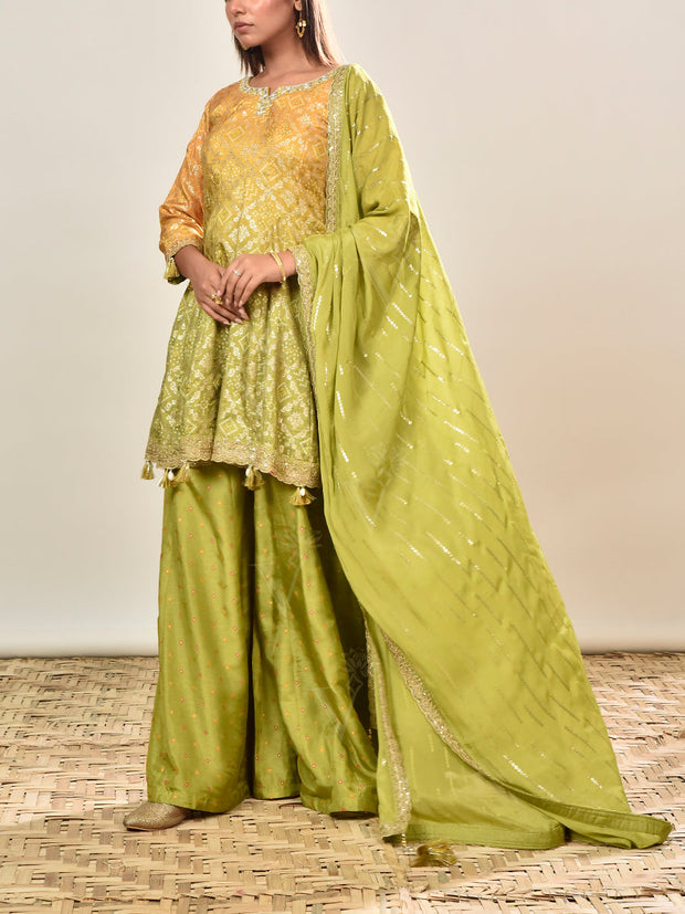 Green and Yellow Banarasi Silk Ombre Embroidered Suit Set