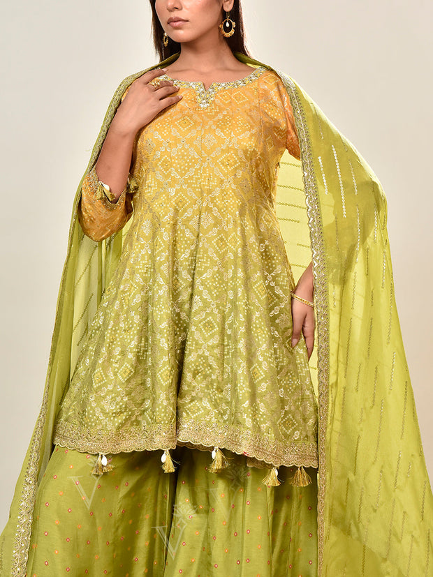 Green and Yellow Banarasi Silk Ombre Embroidered Suit Set