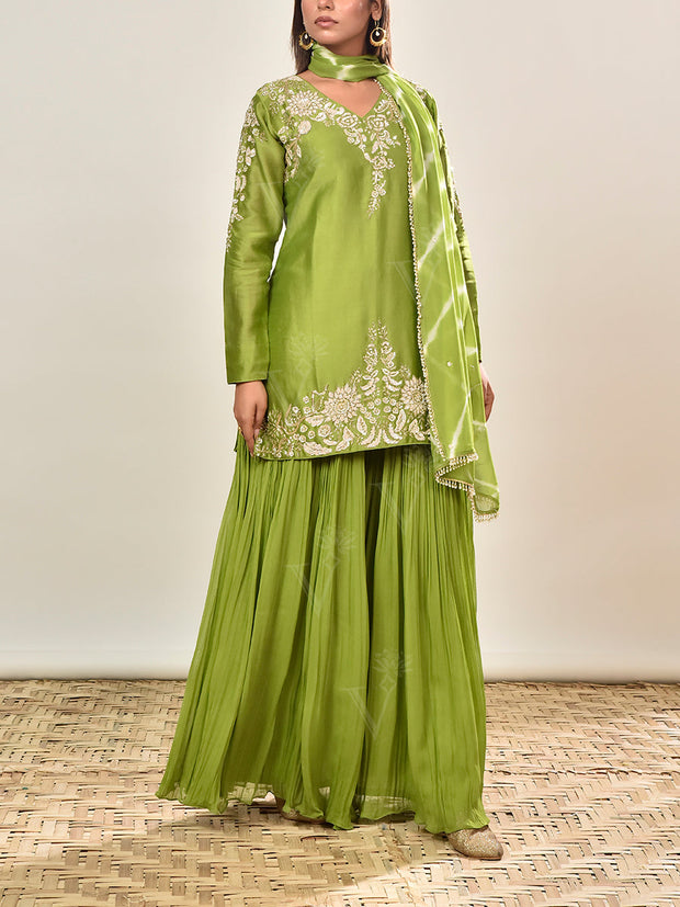 Green Embroidered Chanderi Silk Kurta and Skirt Set