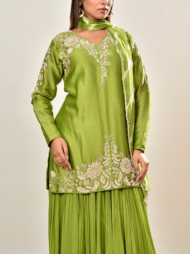 Green Embroidered Chanderi Silk Kurta and Skirt Set