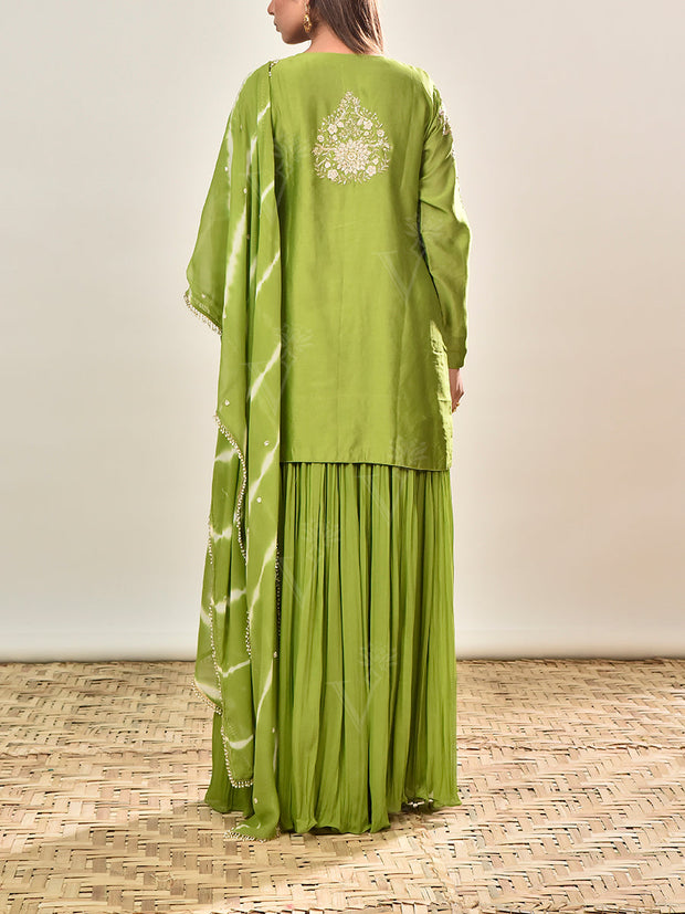 Green Embroidered Chanderi Silk Kurta and Skirt Set
