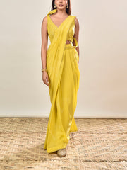 Yellow Embroidered Crepe Drape Saree